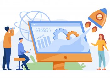 Team starting project. Workgroup working on startup, launching rocket from monitor with growth chart. Vector illustration for new business idea concept